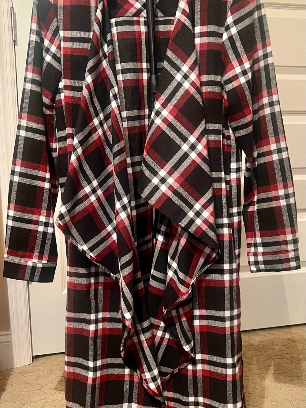 Plaid Open-Front Long Jacket in Black & Red